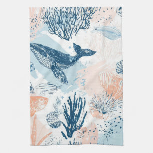 Coastal Whale Sea Life Coral Blue Peach (2) Kitchen Towel