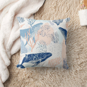Coastal Whale Sea Life Coral Blue Peach (2) Throw Pillow