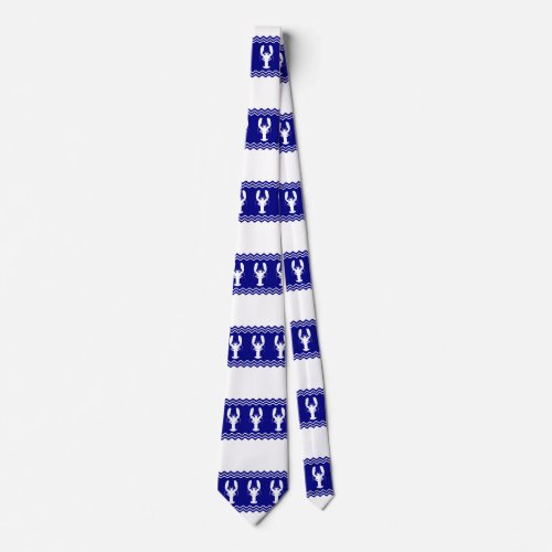 Coastal White Blue Stripe Lobster Pattern Neck Tie