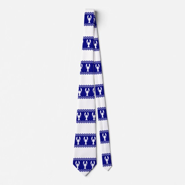 Coastal White Blue Stripe Lobster Pattern Neck Tie (Front)
