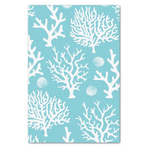 Coastal White Corals  Seashells Blue Tissue Paper