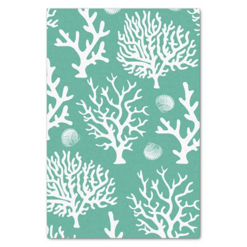 Coastal White Corals  Seashells Green Tissue Paper