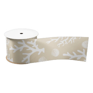 Coastal White Corals & Seashells Satin Ribbon