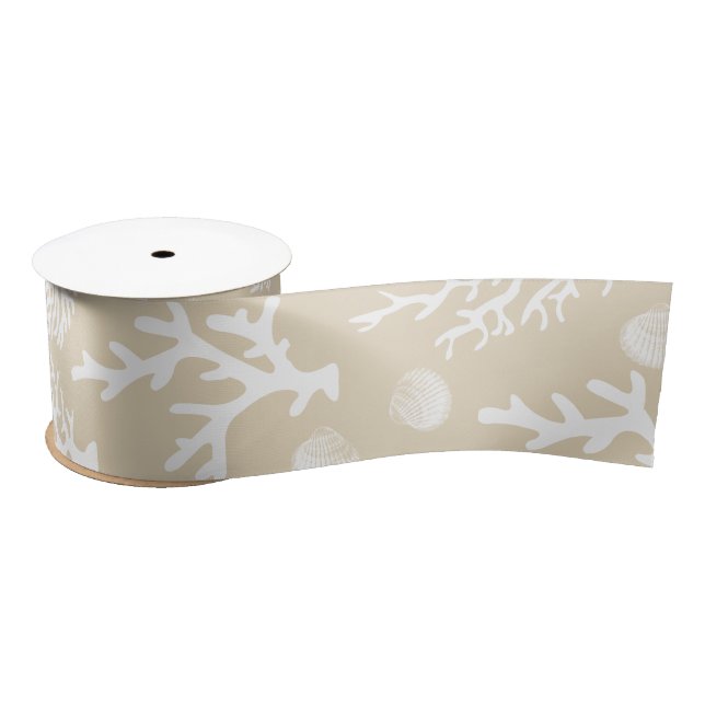 Coastal White Corals & Seashells Satin Ribbon (Spool)