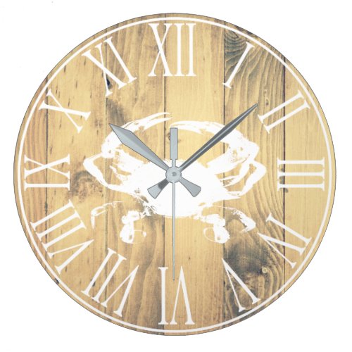 Coastal White Crab &amp; Faux Wood Planks Large Clock
