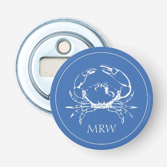 Coastal White Crab on Classic Blue Monogram Bottle Opener (Front)