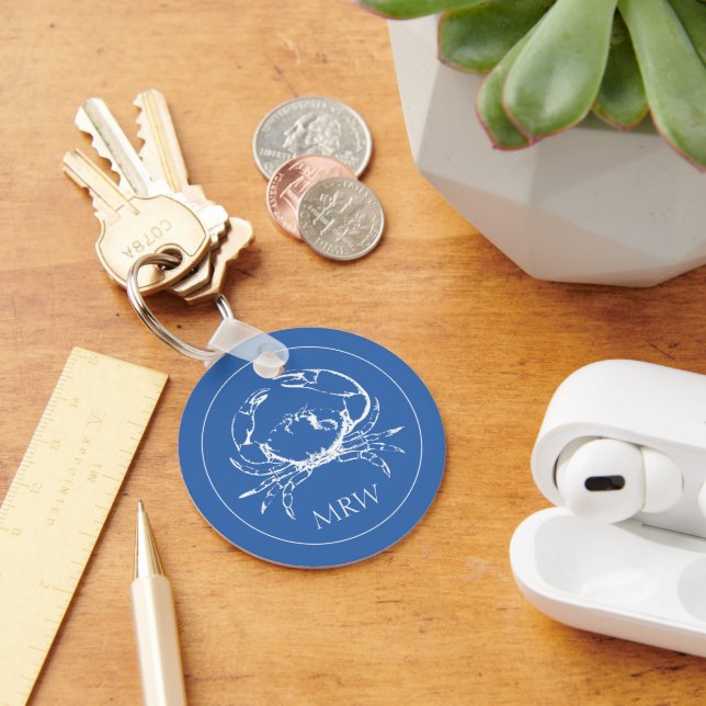 Coastal White Crab on Classic Blue Monogram Keychain (Desk)