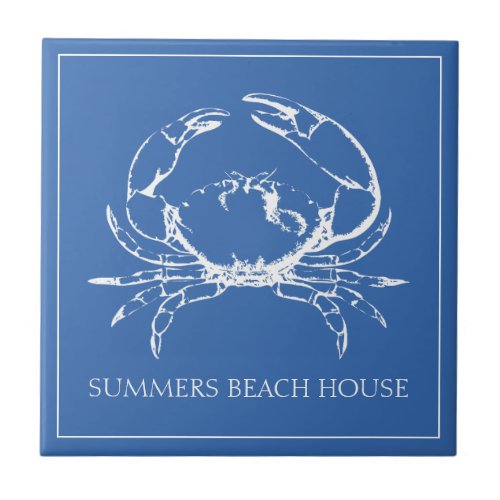 Coastal White Crab on Classic Blue Personalized Ceramic Tile