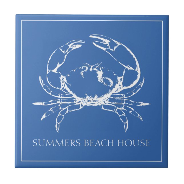 Coastal White Crab on Classic Blue Personalized Ceramic Tile (Front)