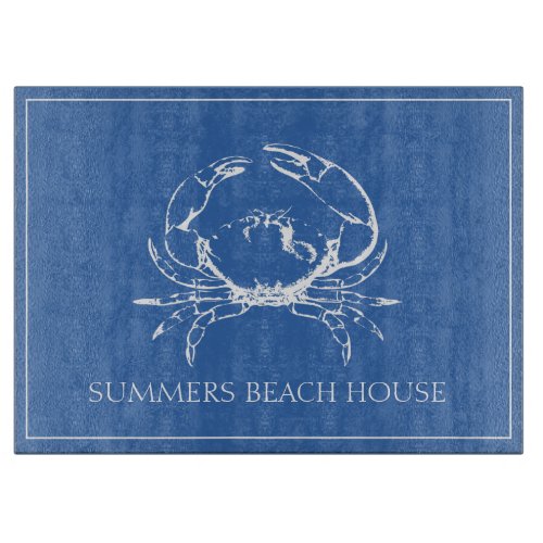 Coastal White Crab on Classic Blue Personalized Cutting Board