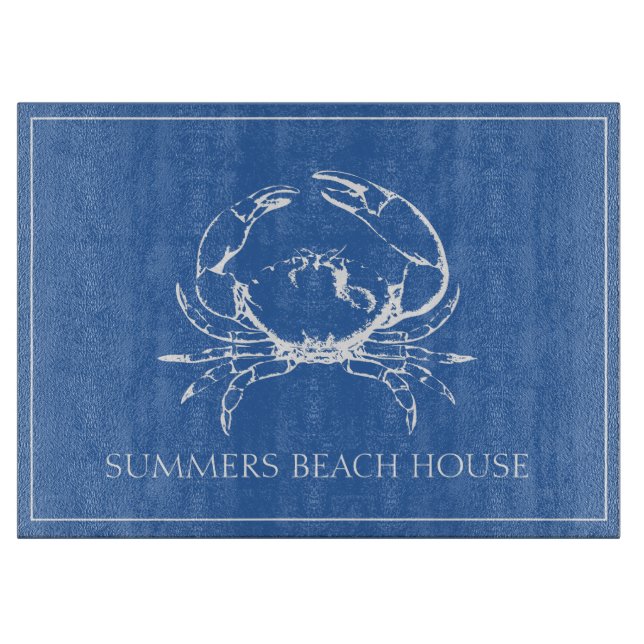 Coastal White Crab on Classic Blue Personalized Cutting Board (Front)