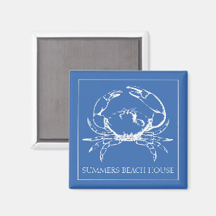 Coastal White Crab on Classic Blue Personalized Magnet