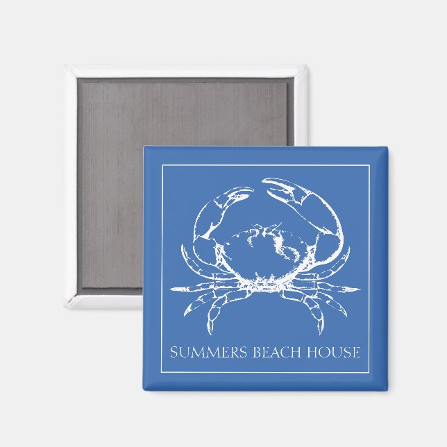 Coastal White Crab on Classic Blue Personalized Magnet (Front/Back)
