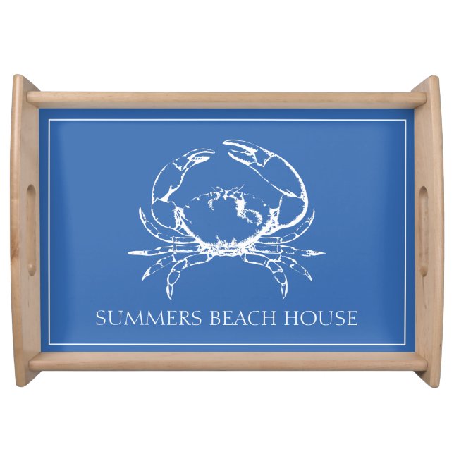 Coastal White Crab on Classic Blue Personalized Serving Tray (Front)