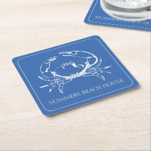 Coastal White Crab on Classic Blue Personalized Square Paper Coaster