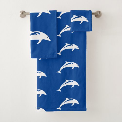 Coastal White Dolphins on Navy Blue Bath Towel Set
