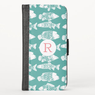 Coastal White Floral Fish Pattern & Monogram iPhone X Wallet Case