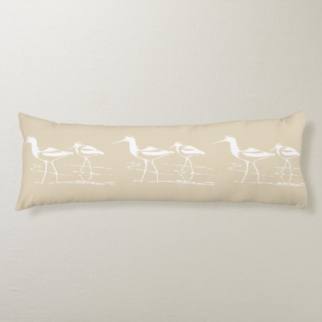 Coastal White Sandpipers & Sandy Taupe Body Pillow (Front)