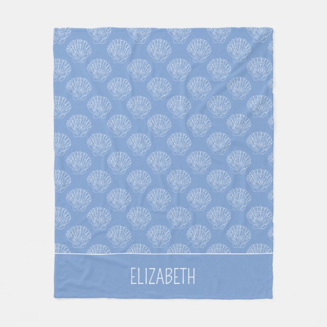 Coastal White Scallop Shells on Blue Personalized Fleece Blanket (Front)
