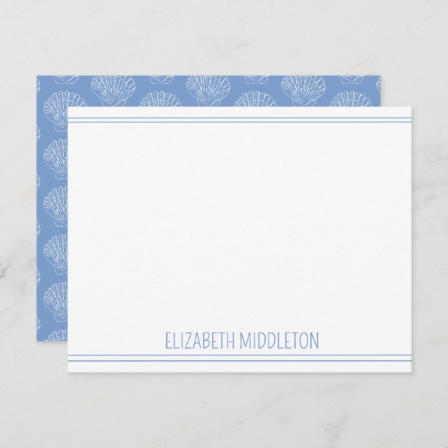 Coastal White Scallop Shells on Blue Personalized Note Card (Front/Back)