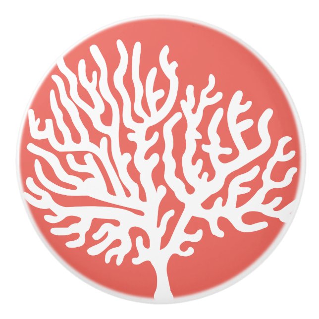 Coastal White Sea Coral & Coral Pink Ceramic Knob (Front)