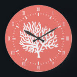 Coastal White Sea Coral & Coral Pink Large Clock<br><div class="desc">Coastal white sea coral silhouette wall clock with a bright bold coral pink background.</div>