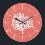 Coastal White Sea Coral & Coral Pink Large Clock<br><div class="desc">Coastal white sea coral silhouette wall clock with a bright bold coral pink background.</div>