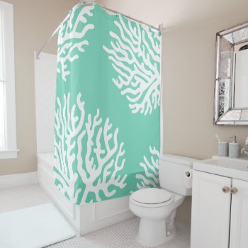 Coastal White Sea Coral & Coral Pink Shower Curtain by GrudaHomeDecor at Zazzle