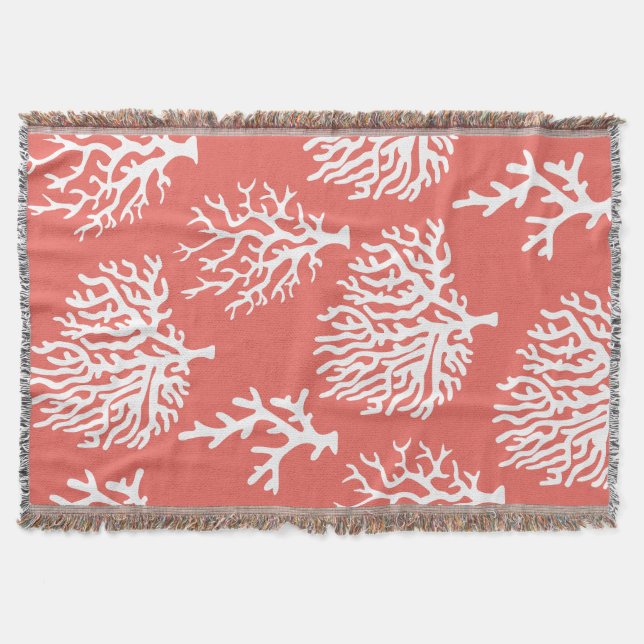 Coastal White Sea Coral & Coral Pink Throw Blanket (Front)