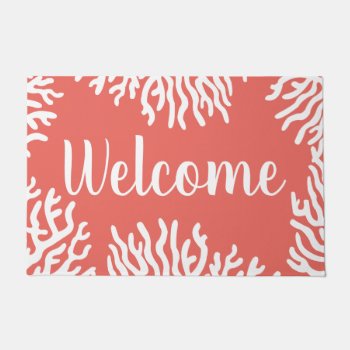 Coastal White Sea Coral & Coral Pink Welcome Doormat by GrudaHomeDecor at Zazzle