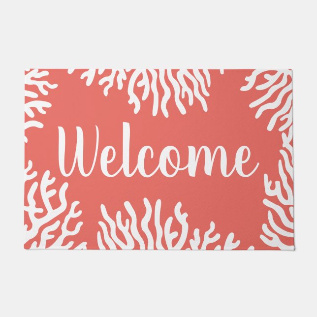 Coastal White Sea Coral & Coral Pink Welcome Doormat (Front)