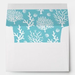 Coastal White Sea Coral & Cyan Blue Wedding Envelope