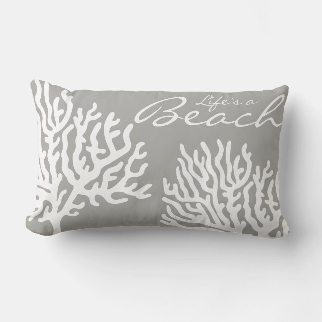 Coastal White Sea Coral Life's a Beach Lumbar Pillow (Front)