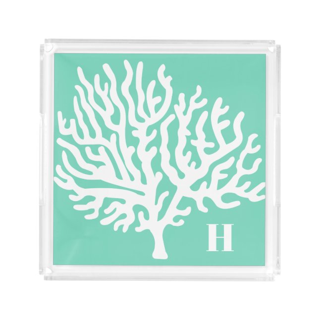 Coastal White Sea Coral & Sea Glass Green Acrylic Tray (Front)
