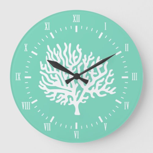 Coastal White Sea Coral  Sea Glass Green Large Clock