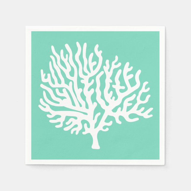 Coastal White Sea Coral & Sea Glass Green Napkins (Front)