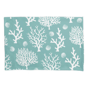 Coastal White Sea Coral & Sea Glass Green Pillow Case