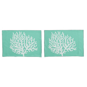 Coastal White Sea Coral & Sea Glass Green Pillowcase