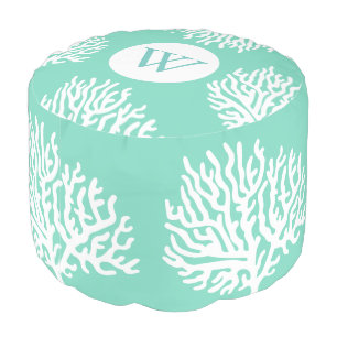 Coastal White Sea Coral & Sea Glass Green Pouf