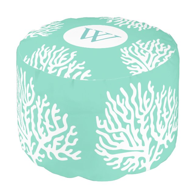 Coastal White Sea Coral & Sea Glass Green Pouf (Angled Back)
