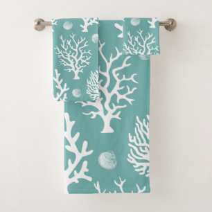 Coastal White Sea Coral & Sea Green Bath Towel Set