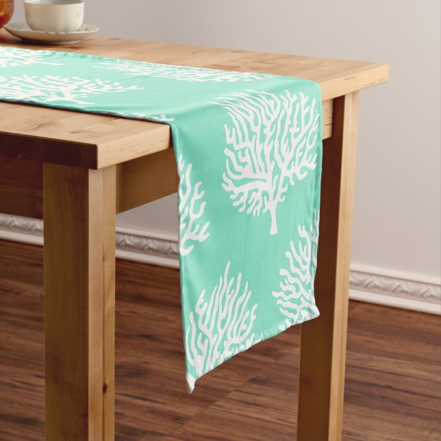 Coastal White Sea Coral & Sea Green Short Table Runner (In Situ)