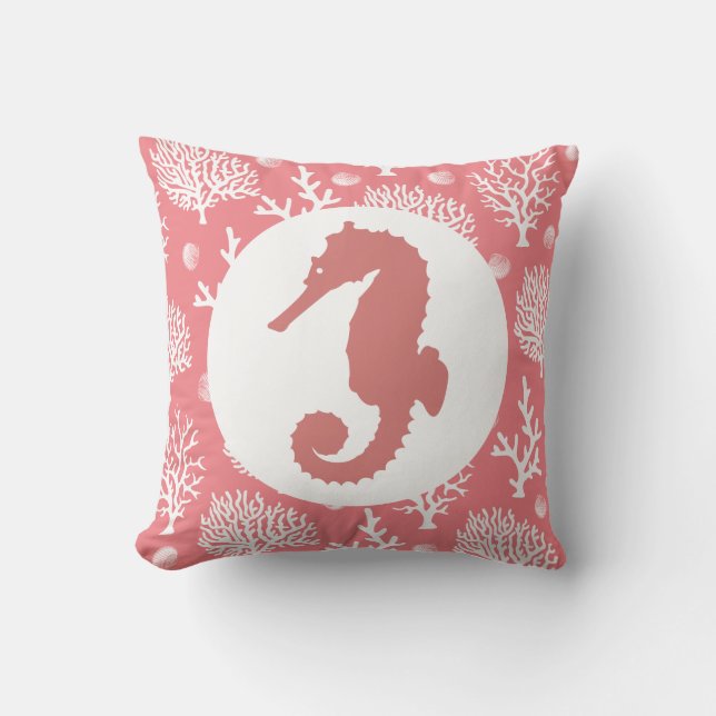 Coastal White Sea Corals & Coral Pink Seahorse Throw Pillow (Front)
