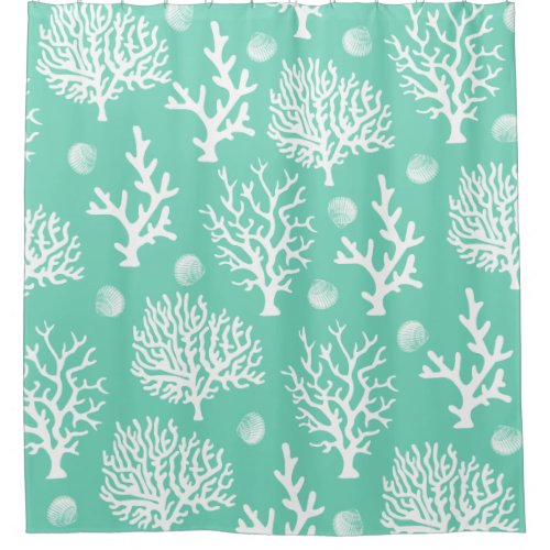 Coastal White Sea Corals  Sea Glass Green Shower Curtain