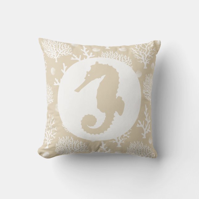 Coastal White Sea Corals & Seahorse in Taupe Throw Pillow (Front)