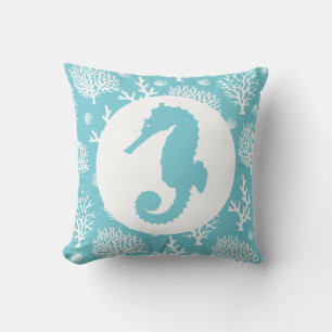 Coastal White Sea Corals & Seahorse Throw Pillow