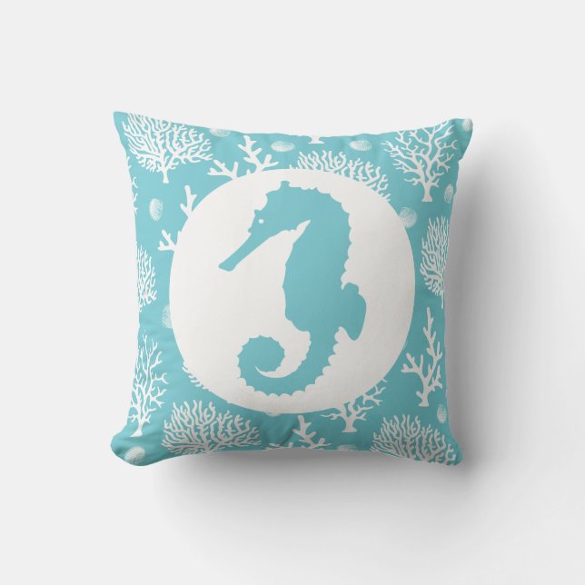 Coastal White Sea Corals & Seahorse Throw Pillow (Front)