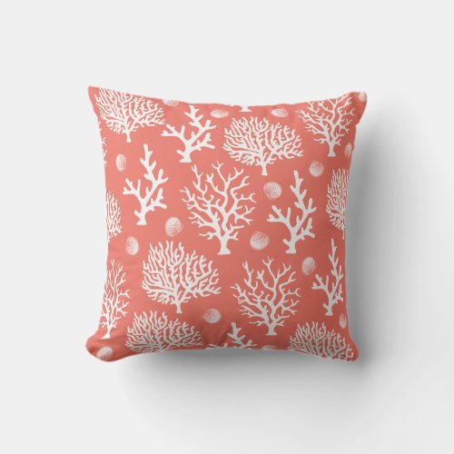 Coastal White Sea Corals  Seashells Coral Pink Throw Pillow