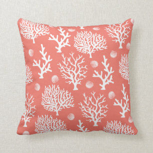 Coastal White Sea Corals & Seashells Coral Pink Throw Pillow