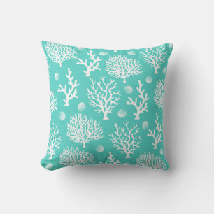 Coastal White Sea Corals & Seashells Sea Green Throw Pillow